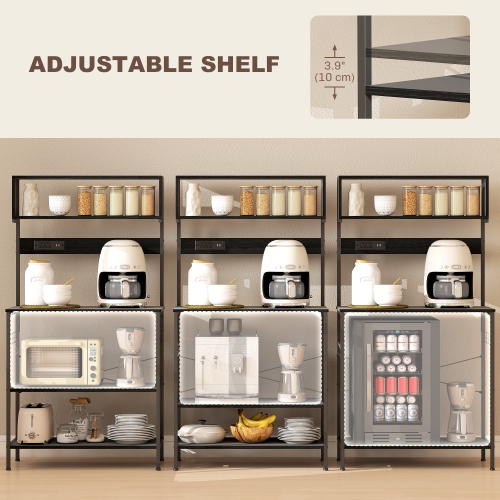 Support de cuisine de HOMCOM avec prise de courant, chargeur USB, support pour micro-ondes, bar à café avec tablettes réglables, 5 crochets pour