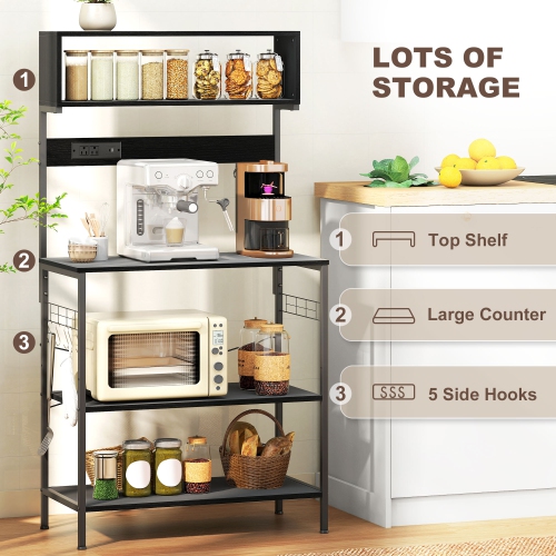 Support de cuisine de HOMCOM avec prise de courant, chargeur USB, support pour micro-ondes, bar à café avec tablettes réglables, 5 crochets pour