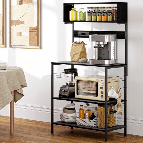 Support de cuisine de HOMCOM avec prise de courant, chargeur USB, support pour micro-ondes, bar à café avec tablettes réglables, 5 crochets pour