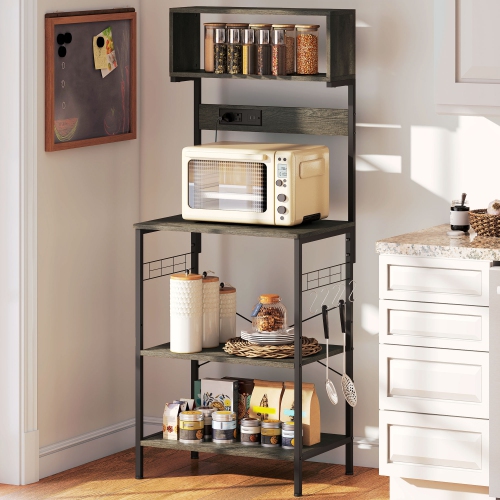 HOMCOM Kitchen Bakers Rack with Power Outlet, USB Charger, Microwave Stand, Coffee Bar with Adjustable Shelves, 5 Hooks for Spices, Pots and Pans,