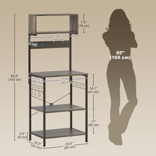 HOMCOM Kitchen Bakers Rack with Power Outlet, USB Charger, Microwave Stand, Coffee Bar with Adjustable Shelves, 5 Hooks for Spices, Pots and Pans,