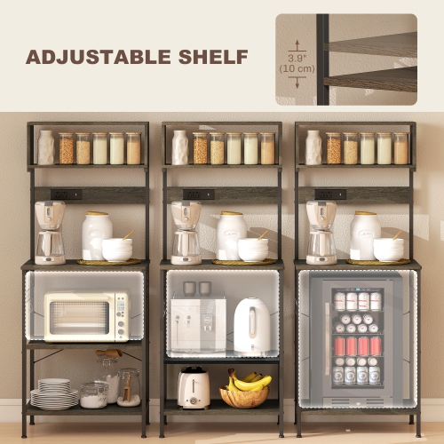 HOMCOM Kitchen Bakers Rack with Power Outlet, USB Charger, Microwave Stand, Coffee Bar with Adjustable Shelves, 5 Hooks for Spices, Pots and Pans,