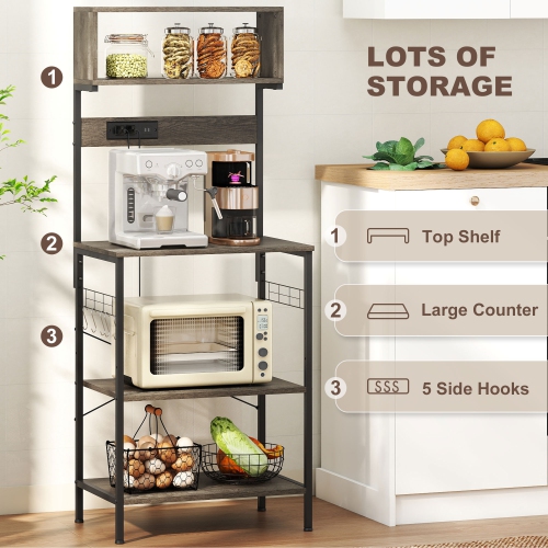 HOMCOM Kitchen Bakers Rack with Power Outlet, USB Charger, Microwave Stand, Coffee Bar with Adjustable Shelves, 5 Hooks for Spices, Pots and Pans,