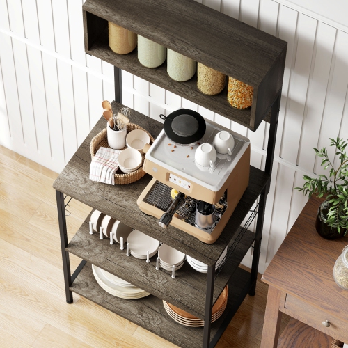 HOMCOM Kitchen Bakers Rack with Power Outlet, USB Charger, Microwave Stand, Coffee Bar with Adjustable Shelves, 5 Hooks for Spices, Pots and Pans,