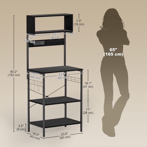 Support de cuisine de HOMCOM avec prise de courant, chargeur USB, support pour micro-ondes, bar à café avec tablettes réglables, 5 crochets pour