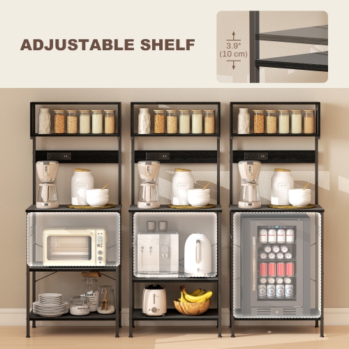 Support de cuisine de HOMCOM avec prise de courant, chargeur USB, support pour micro-ondes, bar à café avec tablettes réglables, 5 crochets pour