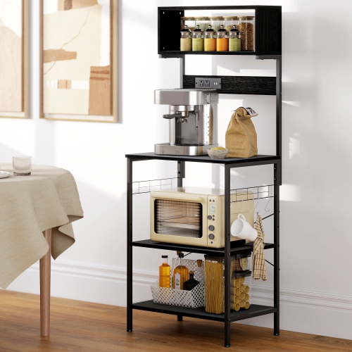 Support de cuisine de HOMCOM avec prise de courant, chargeur USB, support pour micro-ondes, bar à café avec tablettes réglables, 5 crochets pour