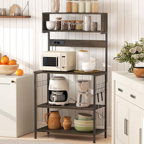 Support de cuisine de HOMCOM avec prise de courant, chargeur USB, support pour micro-ondes, bar à café avec tablettes réglables, 5 crochets pour