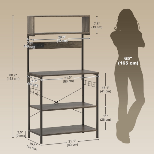 Support de cuisine de HOMCOM avec prise de courant, chargeur USB, support pour micro-ondes, bar à café avec tablettes réglables, 5 crochets pour