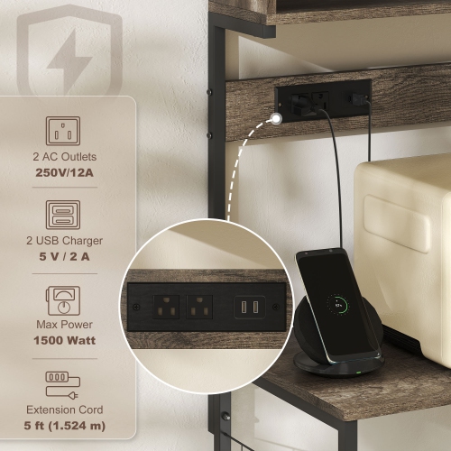 Support de cuisine de HOMCOM avec prise de courant, chargeur USB, support pour micro-ondes, bar à café avec tablettes réglables, 5 crochets pour