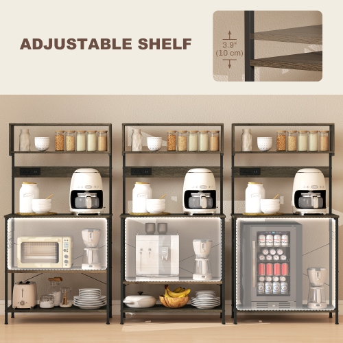 Support de cuisine de HOMCOM avec prise de courant, chargeur USB, support pour micro-ondes, bar à café avec tablettes réglables, 5 crochets pour