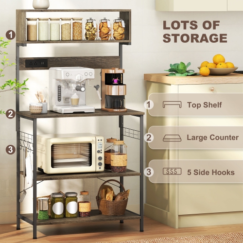 Support de cuisine de HOMCOM avec prise de courant, chargeur USB, support pour micro-ondes, bar à café avec tablettes réglables, 5 crochets pour