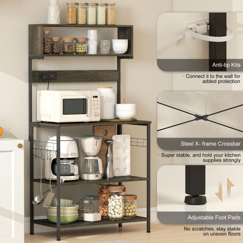 Support de cuisine de HOMCOM avec prise de courant, chargeur USB, support pour micro-ondes, bar à café avec tablettes réglables, 5 crochets pour