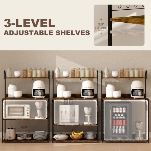 Support de cuisine de HOMCOM avec prise de courant, chargeur USB, support pour micro-ondes, bar à café avec tablettes réglables, 4 crochets pour