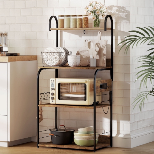 Support de cuisine de HOMCOM avec prise de courant, chargeur USB, support pour micro-ondes, bar à café avec tablettes réglables, 4 crochets pour