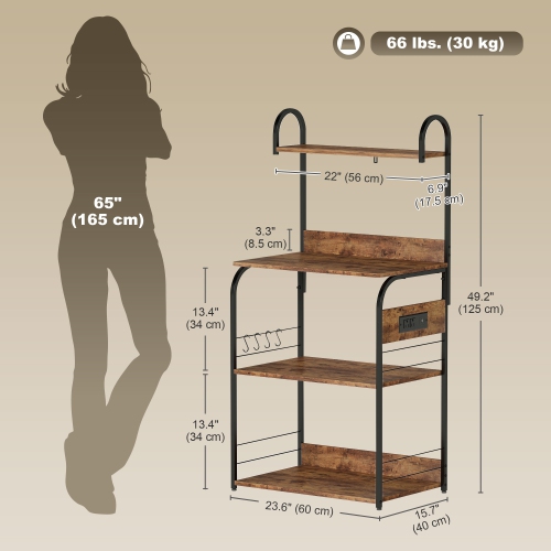 Support de cuisine de HOMCOM avec prise de courant, chargeur USB, support pour micro-ondes, bar à café avec tablettes réglables, 4 crochets pour