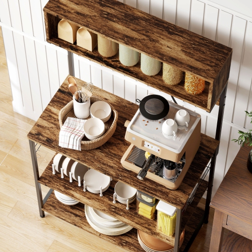 Support de cuisine de HOMCOM avec prise de courant, chargeur USB, support pour micro-ondes, bar à café avec tablettes réglables, 5 crochets pour