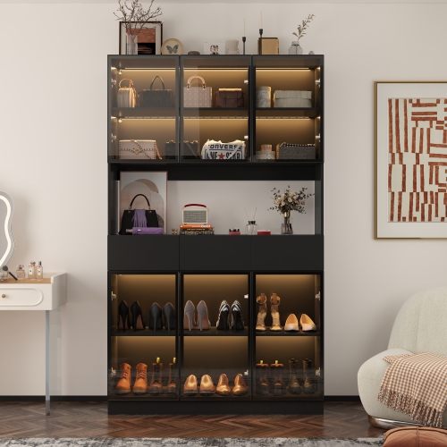 Famapy Contemporary Black Steel Walk-In Closet with Adjustable Shelves – Multi-Layer Design, Glass Doors, USB Lighting & Stylish Storage, Black