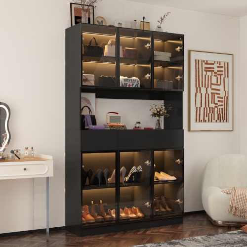 Famapy Contemporary Black Steel Walk-In Closet with Adjustable Shelves – Multi-Layer Design, Glass Doors, USB Lighting & Stylish Storage, Black