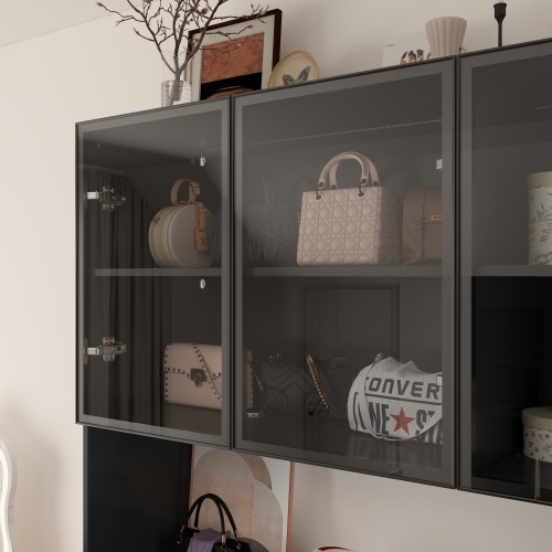 Famapy Contemporary Black Steel Walk-In Closet with Adjustable Shelves – Multi-Layer Design, Glass Doors, USB Lighting & Stylish Storage, Black