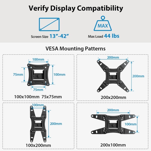 Full Motion TV Monitor Wall Mount Bracket Articulating Arms Swivels Tilts Extension Rotation for Most 13-42 Inch, Max VESA 200x200mm up to 44lbs
