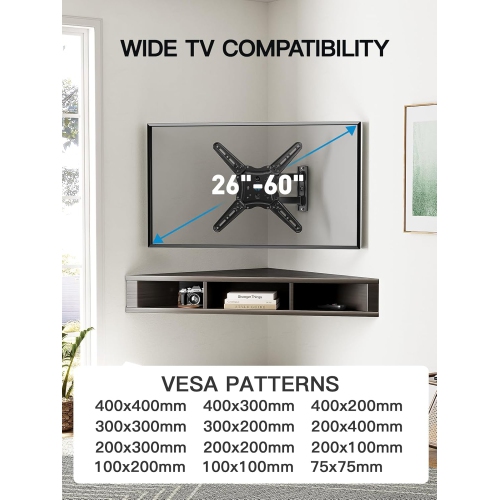 Full Motion TV Wall Mount for Most 26-60 Inch Flat Curved 4K TVs, Up to 77lbs and VESA 400x400mm, Single Articulating Arms TV Bracket Support Swivel,