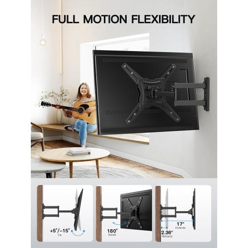 Full Motion TV Wall Mount for Most 26-60 Inch Flat Curved 4K TVs, Up to 77lbs and VESA 400x400mm, Single Articulating Arms TV Bracket Support Swivel,
