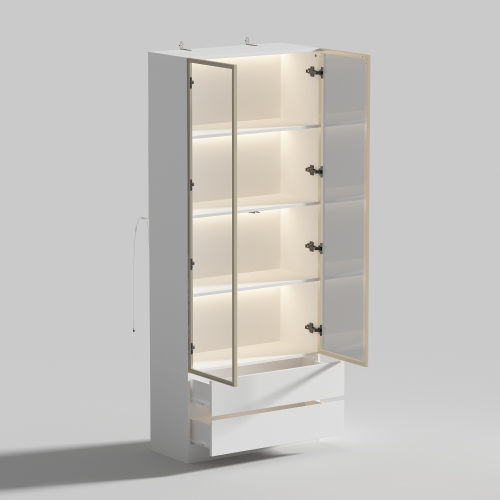 Famapy Composite 4-Shelf Wine & Dinnerware Cabinet Integrated LED Lighting – Modern Storage Cabinet for Wine, Glassware, Plates, White