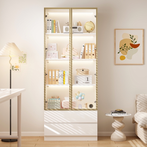 Famapy Composite 4-Shelf Bookcase with Doors & Integrated LED Lighting – Modern Display Cabinet for Books and Collectibles,White