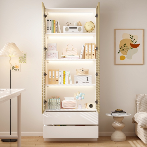 Famapy Composite 4-Shelf Bookcase with Doors & Integrated LED Lighting – Modern Display Cabinet for Books and Collectibles,White