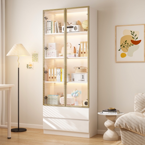 Famapy Composite 4-Shelf Bookcase with Doors & Integrated LED Lighting – Modern Display Cabinet for Books and Collectibles,White