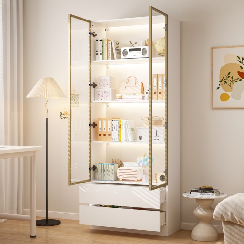 Famapy Composite 4-Shelf Bookcase with Doors & Integrated LED Lighting – Modern Display Cabinet for Books and Collectibles,White