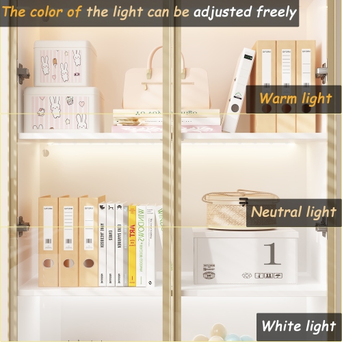 Famapy Composite 4-Shelf Bookcase with Doors & Integrated LED Lighting – Modern Display Cabinet for Books and Collectibles,White