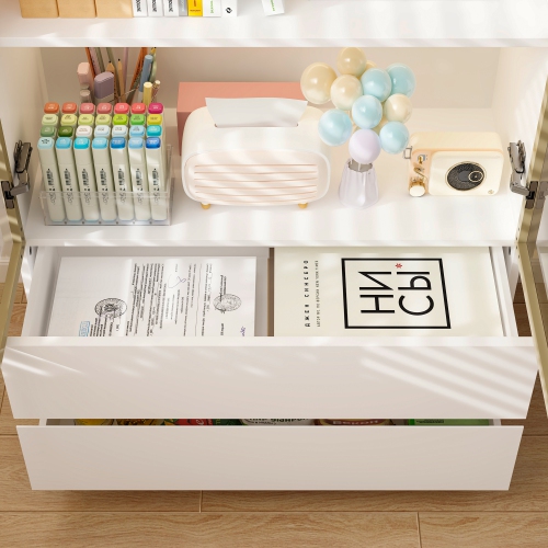 Famapy Composite 4-Shelf Bookcase with Doors & Integrated LED Lighting – Modern Display Cabinet for Books and Collectibles,White