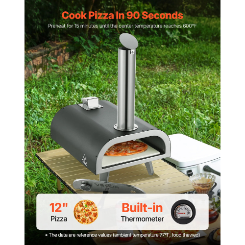 VEVOR SRGP025 12-Inch Outdoor Wood Pellet Pizza Oven, Portable Iron Spray Pizza Maker with Built-In Thermometer, 1000°F Max Temperature, Black