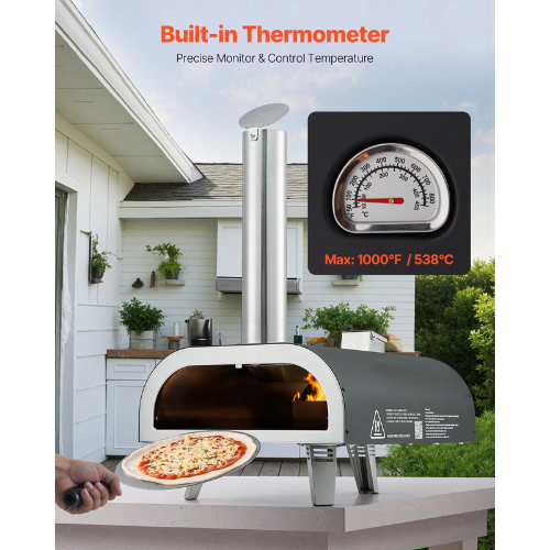 VEVOR SRGP025 12-Inch Outdoor Wood Pellet Pizza Oven, Portable Iron Spray Pizza Maker with Built-In Thermometer, 1000°F Max Temperature, Black
