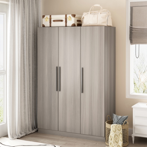 Famapy 3-Door Armoire with Hanging Rod & Fixed Shelves – Modern Wardrobe Closet for Bedroom, Living Room, or Study,Grey