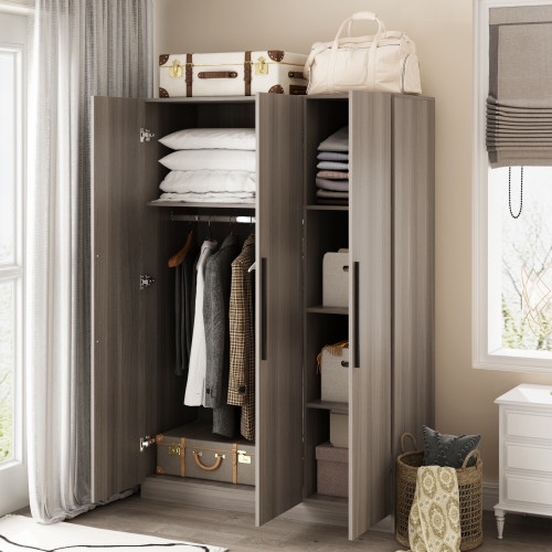 Famapy 3-Door Armoire with Hanging Rod & Fixed Shelves – Modern Wardrobe Closet for Bedroom, Living Room, or Study,Grey