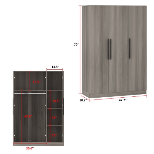 Famapy 3-Door Armoire with Hanging Rod & Fixed Shelves – Modern Wardrobe Closet for Bedroom, Living Room, or Study,Grey