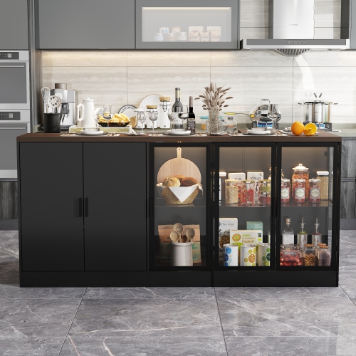 Famapy MDF Base with Modern Kitchen Island – Adjustable Glass Shelving & LED Lighting,, Black