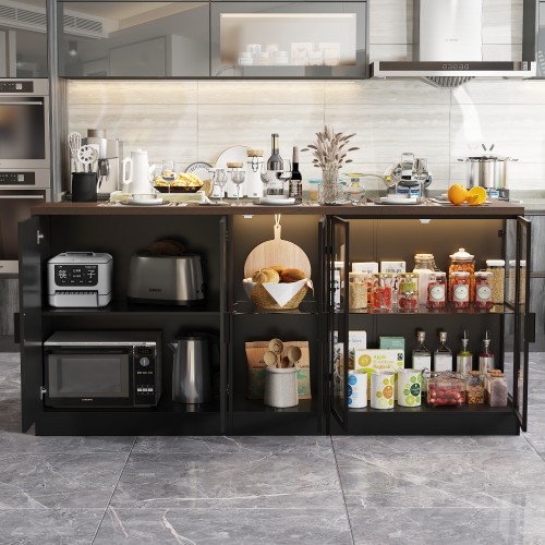 Famapy MDF Base with Modern Kitchen Island – Adjustable Glass Shelving & LED Lighting,, Black