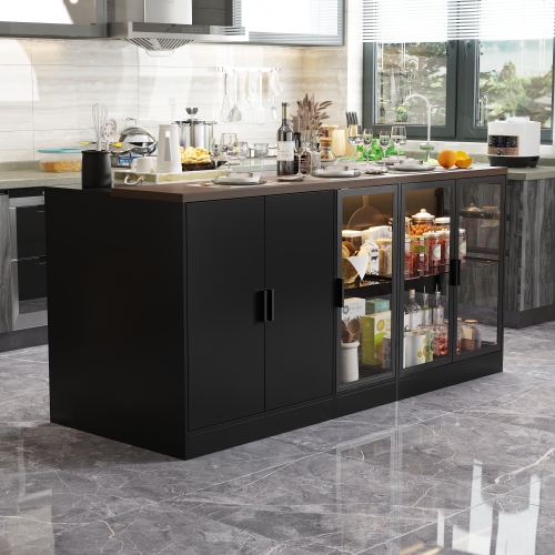 Famapy MDF Base with Modern Kitchen Island – Adjustable Glass Shelving & LED Lighting,, Black