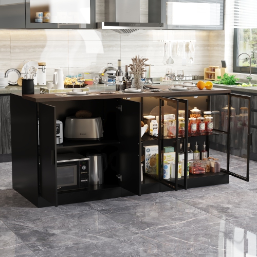 Famapy MDF Base with Modern Kitchen Island – Adjustable Glass Shelving & LED Lighting,, Black