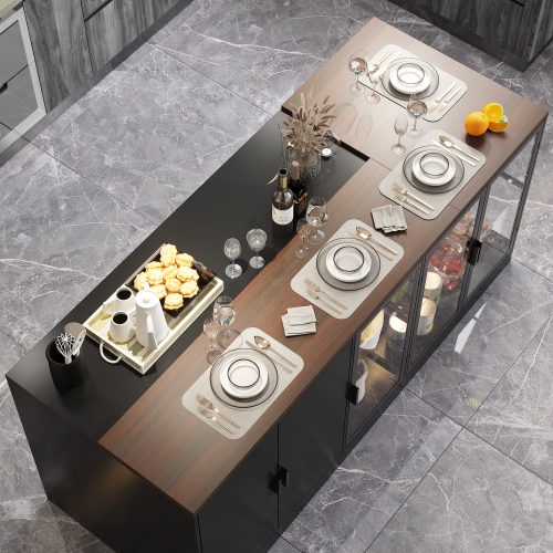 Famapy MDF Base with Modern Kitchen Island – Adjustable Glass Shelving & LED Lighting,, Black