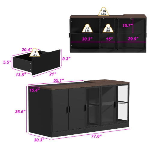 Famapy MDF Base with Modern Kitchen Island – Adjustable Glass Shelving & LED Lighting,, Black