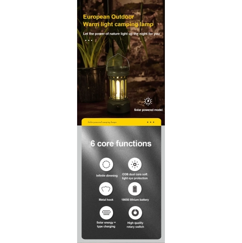 New Camping Light, Retro Solar Camping Light, Outdoor Camping Tent Light, Portable Camping Light - L900BR Black [Large] [Solar Power + USB-C