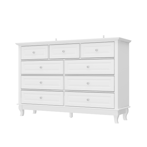 Commode contemporaine à 9 tiroirs Famapy avec pattes en bois massif – Buffet moderne pour chambre, salon ou bureau, blanc