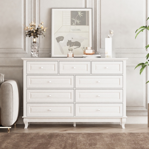 Commode contemporaine à 9 tiroirs Famapy avec pattes en bois massif – Buffet moderne pour chambre, salon ou bureau, blanc