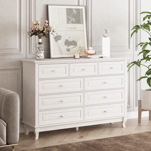 Commode contemporaine à 9 tiroirs Famapy avec pattes en bois massif – Buffet moderne pour chambre, salon ou bureau, blanc