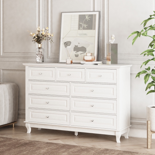 Commode contemporaine à 9 tiroirs Famapy avec pattes en bois massif – Buffet moderne pour chambre, salon ou bureau, blanc
